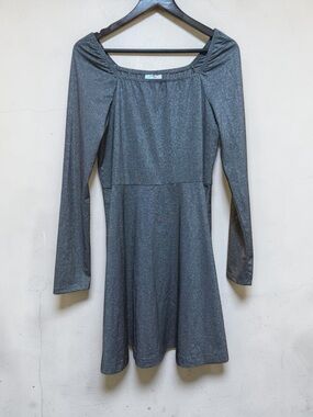 Gray Long-Sleeve Shimmer Fit & Flare Dress